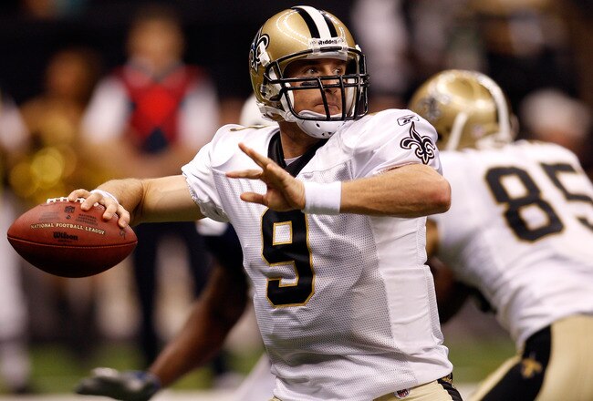 NEW ORLEANS - AUGUST 27:  Drew Brees #9 of the New Orleans Saints in action against the San Diego Chargers at the Louisiana Superdome on August 27, 2010 in New Orleans, Louisiana.  (Photo by Chris Graythen/Getty Images)