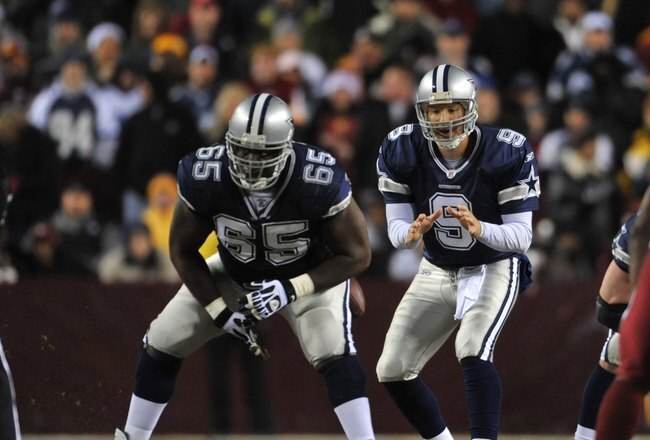 LANDOVER, MD - DECEMBER 27:  Tony Romo #9 of the Dallas Cowboys takes the snap during the game against the Washington Redskins at FedExField on December 27, 2009 in Landover, Maryland. The Cowboys defeated the Redskins 17-0. (Photo by Larry French/Getty Images)