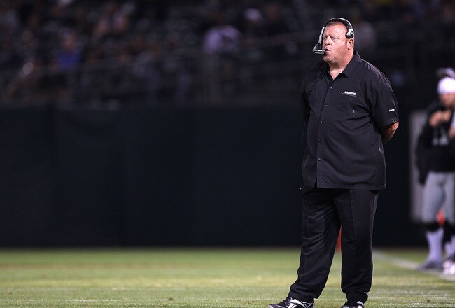 OAKLAND, CA - SEPTEMBER 02:  Head coach Tom Cable of the Oakland Raiders looks on against the Seattle Seahawks during an NFL preseason game at Oakland-Alameda County Coliseum on September 2, 2010 in Oakland, California.  (Photo by Jed Jacobsohn/Getty Images)