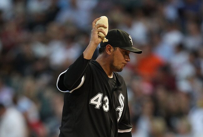 CHICAGO - AUGUST 10: Starting pitcher Freddy Garcia #43 of the Chicago White Sox reacts after giving up a home run to the Minnesota Twins in the 2nd inning at U.S. Cellular Field on August 10, 2010 in Chicago, Illinois. (Photo by Jonathan Daniel/Getty Images)