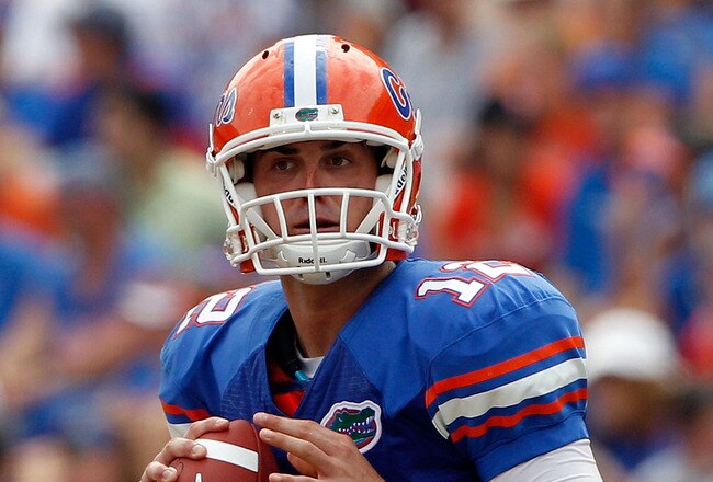 GAINESVILLE, FL - SEPTEMBER 04:  Quarterback John Brantley #12 of the Florida Gators attempts a pass against the Miami University RedHawks at Ben Hill Griffin Stadium on September 4, 2010 in Gainesville, Florida.  (Photo by Sam Greenwood/Getty Images)