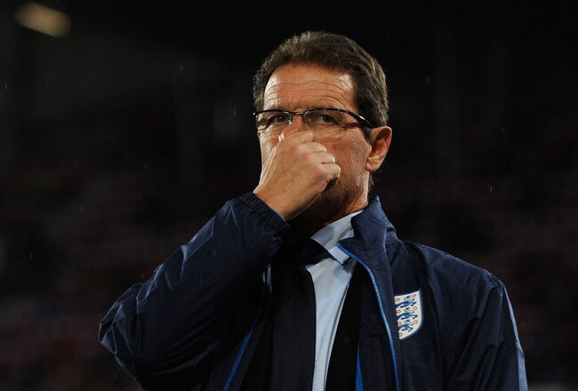 BASEL, SWITZERLAND - SEPTEMBER 07:  England manager Fabio Capello looks on before the EURO 2012 Group G Qualifier between Switzerland and England at St Jakob Park on September 7, 2010 in Basel, Switzerland.  (Photo by Michael Regan/Getty Images)