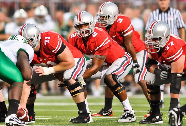 COLUMBUS, OH - SEPTEMBER 2: Terrelle Pryor #2 of the Ohio State Buckeyes takes the ball from center against the Marshall Thundering Herd at Ohio Stadium on September 2, 2010 in Columbus, Ohio. (Photo by Jamie Sabau/Getty Images)