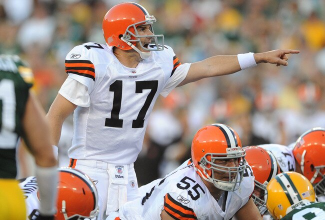 GREEN BAY - AUGUST 14: Jake Delhomme #17 of the Cleveland Browns calls out a play during the NFL preseason game against the Green Bay Packers at Lambeau Field August 14, 2010 in Green Bay, Wisconsin.  (Photo by Tom Dahlin/Getty Images)