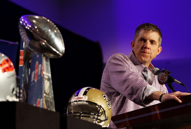 FORT LAUDERDALE, FL - FEBRUARY 08:  Head coach Sean Payton of the New Orleans Saints looks toward the Vince Lombardi Trophy during Super Bowl Champion Coach Press Conference at the Fort Lauderdale Convention Center on February 8, 2010 in Fort Lauderdale, Florida.  (Photo by Doug Benc/Getty Images)