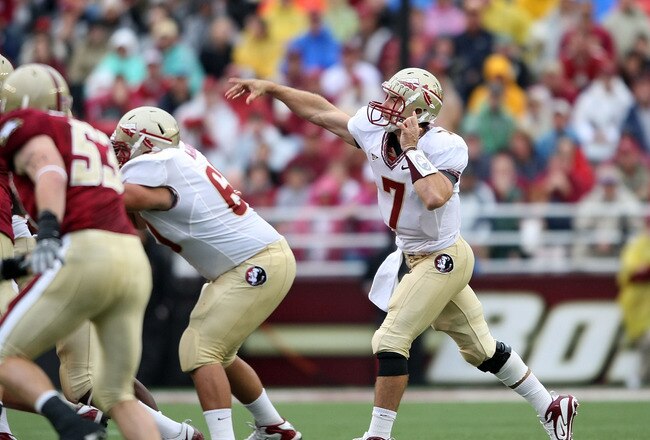 CHESTNUT HILL, MA - OCTOBER 03:  Christian Ponder #7 of the Florida State Seminoles passes the ball the first half against the Boston College Eagles on October 3, 2009 at Alumni Stadium in Chestnut Hill, Massachusetts. (Photo by Elsa/Getty Images)