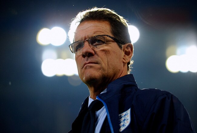 BASEL, SWITZERLAND - SEPTEMBER 07:  England manager Fabio Capello looks on before the EURO 2012 Qualifier between Switzerland and England at St Jakob Park on September 7, 2010 in Basel, Switzerland.  (Photo by Michael Regan/Getty Images)