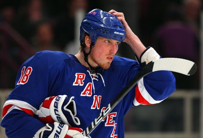 NEW YORK - JANUARY 25:  Marc Staal #18 of the New York Rangers skates against the Pittsburgh Penguins skates against on January 25, 2010 at Madison Square Garden in New York City. Penguins defeated the Rangers 4-2.  (Photo by Mike Stobe/Getty Images)