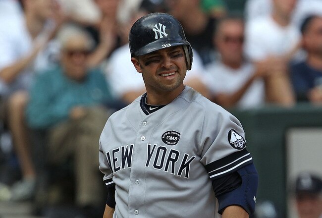 CHICAGO - AUGUST 29: Nick Swisher #33 of the New York Yankees reacts after striking out against Gavin Floyd of the Chicago White Sox at U.S. Cellular Field on August 29, 2010 in Chicago, Illinois. The Yankees defeated the White Sox 2-1. (Photo by Jonathan Daniel/Getty Images)