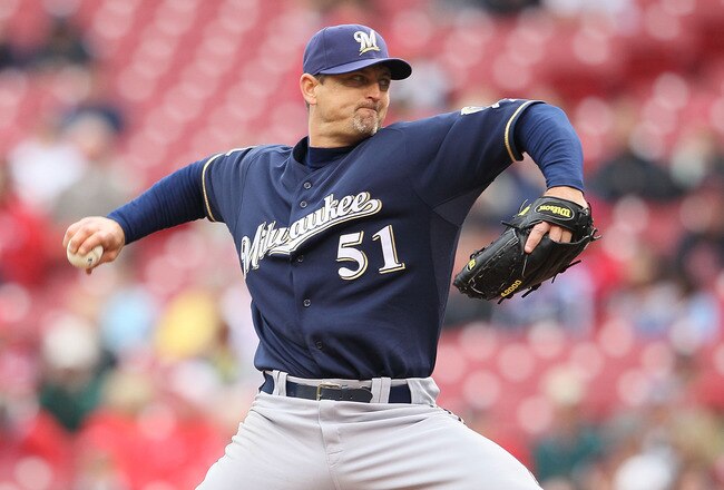 CINCINNATI - MAY 18: Trevor Hoffman #51 of the Milwaukee Brewers throws a pitch in the 9th inning during the game against the Cincinnati Reds at Great American Ball Park on May 18, 2010 in Cincinnati, Ohio. The Reds won 5-4. (Photo by Andy Lyons/Getty Images)