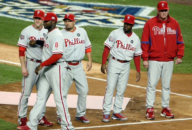 NEW YORK - OCTOBER 28:  (L-R) Chase Utley #26, Ryan Howard #6, Shane Victorino #8, Jimmy Rollins #11 and manager Charlie Manuel #41 of the Philadelphia Phillies stand on the field during player introductions against the New York Yankees in Game One of the 2009 MLB World Series at Yankee Stadium on October 28, 2009 in the Bronx borough of New York City.  (Photo by Nick Laham/Getty Images)