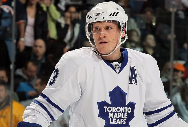 UNIONDALE, NY - MARCH 14:  Dion Phaneuf #3 of the Toronto Maple Leafs skates against the New York Islanders on March 14, 2010 at Nassau Coliseum in Uniondale, New York. The Isles defeated the Leafs 4-1.  (Photo by Jim McIsaac/Getty Images)