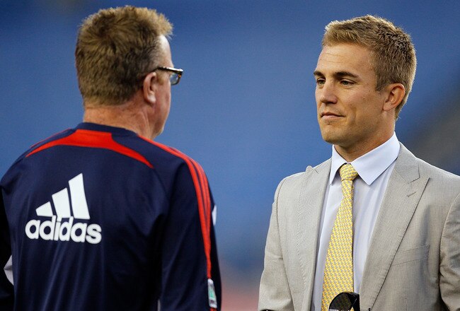 FOXBORO, MA - SEPTEMBER 4:  Coach Steve Nicol (L)  talks with Taylor Twellman of the New England Revolution before a game against the Seattle Sounders FC at Gillette Stadium on September 4, 2010 in Foxboro, Massachusetts. (Photo by Gail Oskin/Getty Images)