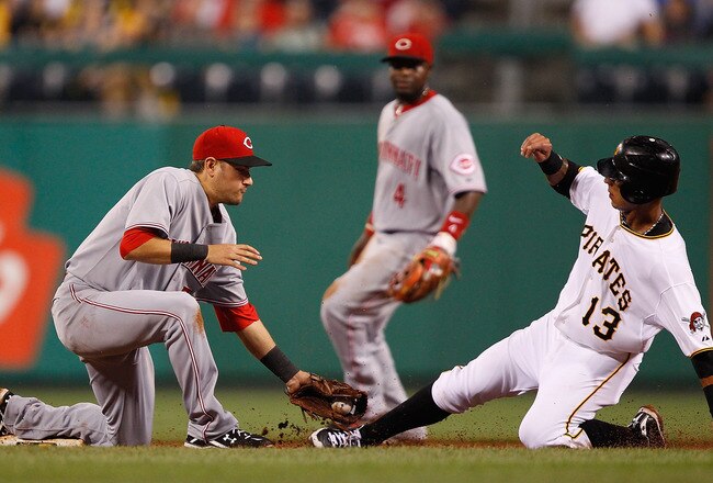 PITTSBURGH - AUGUST 03:  Paul Janish #7 of the Cincinnati Reds tags out Ronny Cedeno #13 of the Pittsburgh Pirates during the game on August 3, 2010 at PNC Park in Pittsburgh, Pennsylvania.  (Photo by Jared Wickerham/Getty Images)