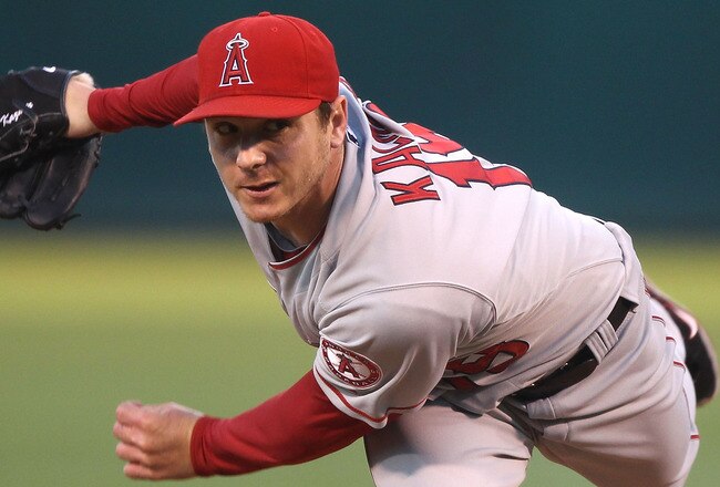 OAKLAND, CA - SEPTEMBER 03:  Scott Kazmir #19 of the Los Angeles Angels of Anaheim pitches against the Oakland Athletics during a Major League Baseball game at the Oakland-Alameda County Coliseum on September 3, 2010 in Oakland, California.  (Photo by Jed Jacobsohn/Getty Images)