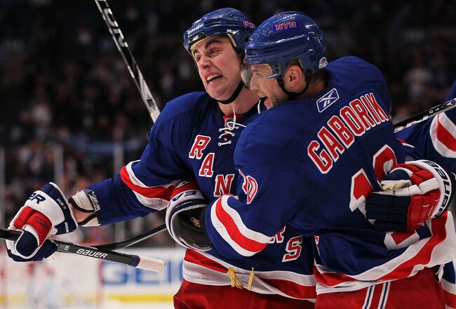 NEW YORK - APRIL 09: Marian Gaborik #10 of the New York Rangers celebrates scoring a goal with team mate Brandon Dubinsky #10 against the Philadelphia Flyers during their game on April 9, 2010 at Madison Square Garden in New York City.  (Photo by Chris McGrath/Getty Images)