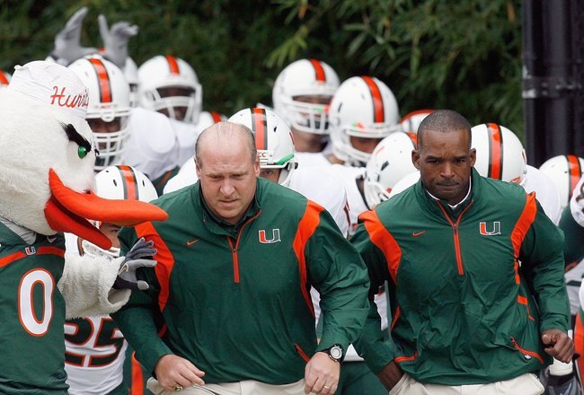 DURHAM, NC - OCTOBER 18:  Head coach Randy Shannon of the Miami Hurricanes leads his team onto the field before the game against the Duke Blue Devils at Wallace Wade Stadium on October 18, 2008 in Durham, North Carolina.  (Photo by Kevin C. Cox/Getty Images)
