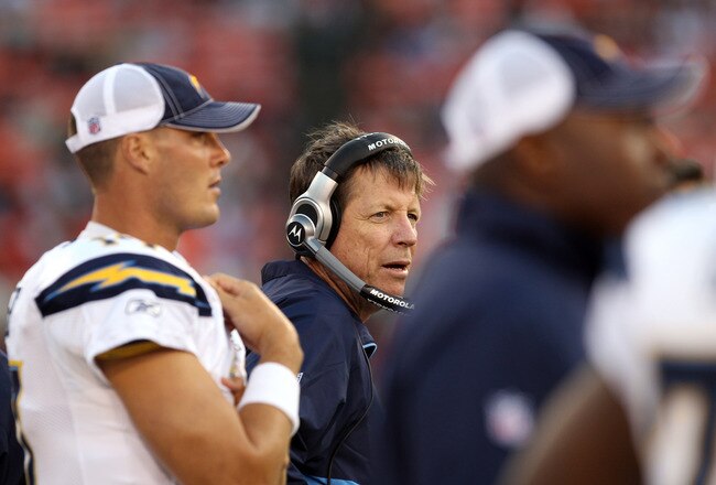 SAN FRANCISCO - SEPTEMBER 02:  Philip Rivers #17 and head coach Norv Turner of the San Diego Chargers watch their game against the San Francisco 49ers from the sidelines at Candlestick Park  on September 2, 2010 in San Francisco, California.  (Photo by Ezra Shaw/Getty Images)