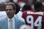 TUSCALOOSA, AL - APRIL 17:  Coach Nick Saban of the Alabama Crimson Tide watches during the Alabama spring game at Bryant Denny Stadium on April 17, 2010 in Tuscaloosa, Alabama. (Photo by Dave Martin/Getty Images)