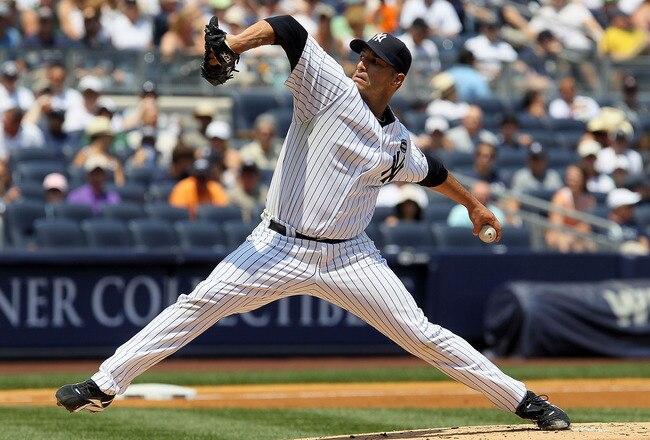 NEW YORK - JULY 18:  Andy Pettitte #46 of the New York Yankees delivers a pitch against the Tampa Bay Rays on July 18, 2010 at Yankee Stadium in the Bronx borough of New York City.  (Photo by Jim McIsaac/Getty Images)