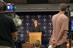 PROVO, UT - SEPTEMBER 1:  BYU  Athletic Director Tom Holmoe announces that BYU football will become independent in football in 2011 separating from the Mountain West Conference, September 1, 2010 in Provo, Utah. The remaining BYU sports will become affiliated with the West Coast Conference in 2011. (Photo by George Frey/Getty Images)