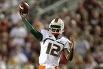 TALLAHASSEE, FL - SEPTEMBER 07:  Quarterback Jacory Harris #12 of the Miami Hurricanes throws a pass against the Florida State Seminoles at Doak Campbell Stadium on September 7, 2009 in Tallahassee, Florida.  (Photo by Doug Benc/Getty Images)