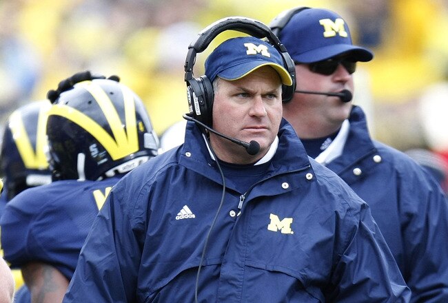 ANN ARBOR, MI - OCTOBER 24:  Head Coach Rich Rodriguez of the Michigan Wolverines looks on while playing the Penn State Nittany Lions on October 24, 2009 at Michigan Stadium in Ann Arbor, Michigan. Penn State won the game 35-10.  (Photo by Gregory Shamus/Getty Images)