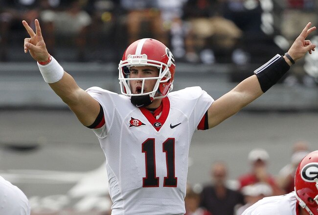 COLUMBIA - SEPTEMBER 11: Quarterback Aaron Murray #11 of the Georgia Bulldogs calls out a play during the game against the South Carolina Gamecocks at Williams-Brice Stadium on September 11, 2010 in Columbia, South Carolina. (Photo by Mike Zarrilli/Getty Images)