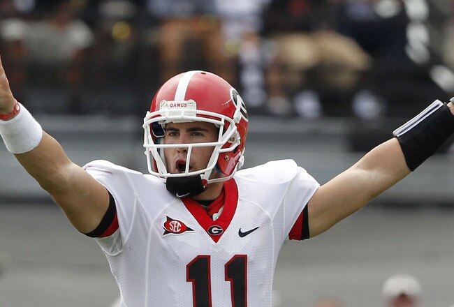 COLUMBIA - SEPTEMBER 11: Quarterback Aaron Murray #11 of the Georgia Bulldogs calls out a play during the game against the South Carolina Gamecocks at Williams-Brice Stadium on September 11, 2010 in Columbia, South Carolina. (Photo by Mike Zarrilli/Getty Images)