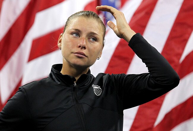 NEW YORK - SEPTEMBER 11:  Vera Zvonareva of Russia reacts during the trophy ceremony after being defeated by Kim Clijsters of Belgium during their women's singles final on day thirteen of the 2010 U.S. Open at the USTA Billie Jean King National Tennis Center on September 11, 2010 in the Flushing neighborhood of the Queens borough of New York City.  (Photo by Al Bello/Getty Images)
