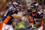 DENVER - AUGUST 29:  Quarterback Tim Tebow #15 of the Denver Broncos hands the ball off to running back Lance Ball #35 against the Pittsburgh Steelers during preseason NFL action at INVESCO Field at Mile High on August 29, 2010 in Denver, Colorado.  (Photo by Doug Pensinger/Getty Images)