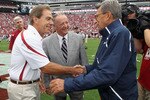 TUSCALOOSA, AL - SEPTEMBER 11:  In this image provided by the University of Alabama, (L-R) head coach Nick Saban of the Alabama Crimson Tide, retired coach Bobby Bowden and head coach Joe Paterno of the Penn State Nittany Lions converse during pre-game warm-ups at Bryant-Denny Stadium on September 11, 2010 in Tuscaloosa, Alabama.  (Photo by University of Alabama via Getty Images)