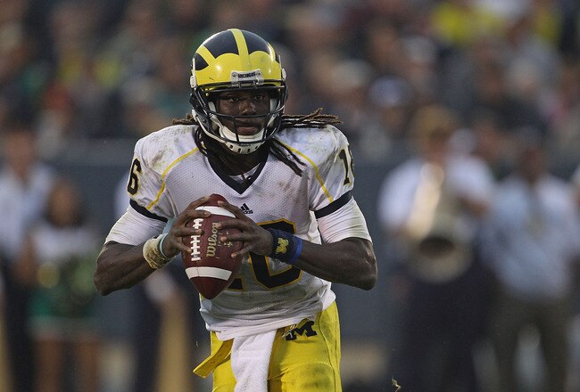 SOUTH BEND, IN - SEPTEMBER 11: Denard Robinson #16 of the Michigan Wolverines looks for a receiver against the Notre Dame Fighting Irish at Notre Dame Stadium on September 11, 2010 in South Bend, Indiana. Michigan defeated Notre Dame 28-24.  (Photo by Jonathan Daniel/Getty Images)