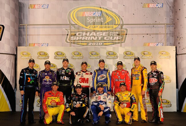 RICHMOND, VA - SEPTEMBER 11:  (Back row from L-R) The 2010 NASCAR Sprint Cup Series Chase contenders Denny Hamlin, driver of the #11 FedEx Office Toyota, Matt Kenseth, driver of the #17 Crown Royal Ford, Carl Edwards, driver of the #99 Kellogg's/Cheez-It Ford, Greg Biffle, driver of the #16 3M Ford, Kurt Busch, driver of the #2 Miller Lite Dodge, Tony Stewart, driver of the #14 Office Depot/Old Spice Chevrolet,  Kyle Busch, driver of the #18 M&M's Toyota, Jeff Gordon, driver of the #24 DuPont/National Guard Chevrolet, (Front row L-R) Kevin Harvick, driver of the #29 Shell/Pennzoil Chevrolet, Jeff Burton, driver of the #31 Caterpilliar Chevrolet,  Jimmie Johnson, driver of the #48 Lowe's Chevrolet,  Clint Bowyer, driver of the #33 Cheerios/Hamburger Helper Chevrolet, pose following the NASCAR Sprint Cup Series Air Guard 400 at Richmond International Raceway on September 11, 2010 in Richmond, Virginia.  (Photo by Rusty Jarrett/Getty Images for NASCAR)
