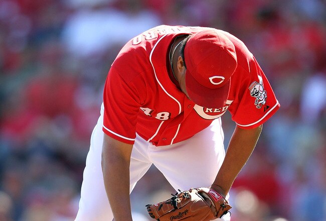 CINCINNATI - SEPTEMBER 12:  Francisco Cordero #48 of the Cincinnati Reds is bent over during the ninth inning in which he allowed 3 runs during the game against the Pittsburgh Pirates at Great American Ballpark on September 12, 2010 in Cincinnati, Ohio.Pirates won 3-1.Th  (Photo by Andy Lyons/Getty Images)