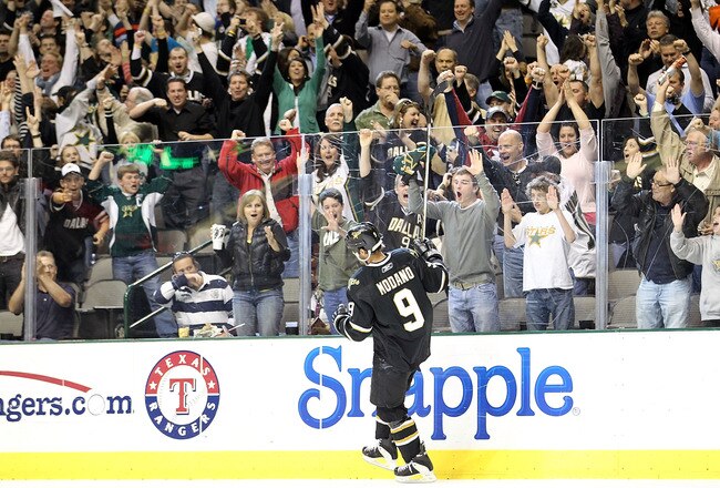DALLAS - APRIL 08:  Center Mike Modano #9 of the Dallas Stars celebrate after scoring a goal during a shootout against the Anaheim Ducks at American Airlines Center on April 8, 2010 in Dallas, Texas.  (Photo by Ronald Martinez/Getty Images)