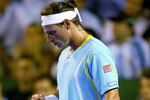MAR DEL PLATA, ARGENTINA - NOVEMBER 21:  David Nalbandian of Argentina celebrates winning the first set against David Ferrer of Spain during the first rubber of the Davis Cup final at Estadia Islas Malinas November 21, 2008 in Mar del Plata, Argentina.  (Photo by Matthew Stockman/Getty Images)