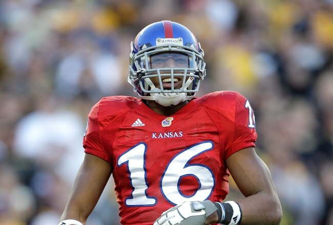 KANSAS CITY, MO - NOVEMBER 28: Cornerback Chris Harris #16 of the Kansas Jayhawks looks on during the game against the Missouri Tigers at Arrowhead Stadium on November 28, 2009 in Kansas City, Missouri. (Photo by Jamie Squire/Getty Images)