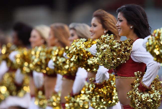 SAN FRANCISCO - SEPTEMBER 02:  The San Francisco 49ers' Gold Rush cheerleaders cheer during their game against the San Diego Chargers at Candlestick Park  on September 2, 2010 in San Francisco, California.  (Photo by Ezra Shaw/Getty Images)