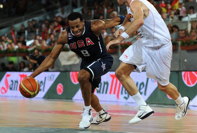 MADRID, SPAIN - AUGUST 22:  Andre Iguodala (L) of the USA drives past Rudy Fernandez of Spain during a friendly basketball game between Spain and the USA at La Caja Magica on August 22, 2010 in Madrid, Spain.  (Photo by Jasper Juinen/Getty Images)