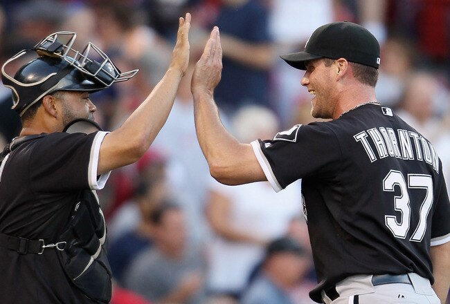 BOSTON - SEPTEMBER 05:  Matt Thornton #37 of the Chicago White Sox celebrates the win with Ramon Castro #27 on September 5, 2010 at Fenway Park in Boston, Massachusetts.The White Sox defeated the Boston Red Sox 7-5.  (Photo by Elsa/Getty Images)