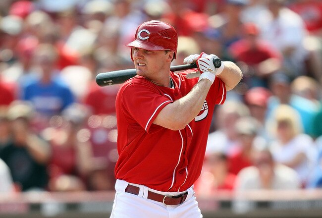 CINCINNATI - AUGUST 29:  Jay Bruce #32 of the Cincinnati Reds is at bat during the game against the Chicago Cubs at Great American Ball Park on August 29, 2010 in Cincinnati, Ohio.  (Photo by Andy Lyons/Getty Images)