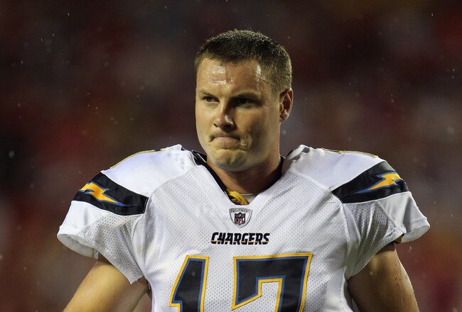 KANSAS CITY, MO - SEPTEMBER 13:  Quarterback Philip Rivers #17 of the San Diego Chargers jogs off the field follwing the game against the Kansas City Chiefs on September 13, 2010 at Arrowhead Stadium in Kansas City, Missouri.  (Photo by Jamie Squire/Getty Images)