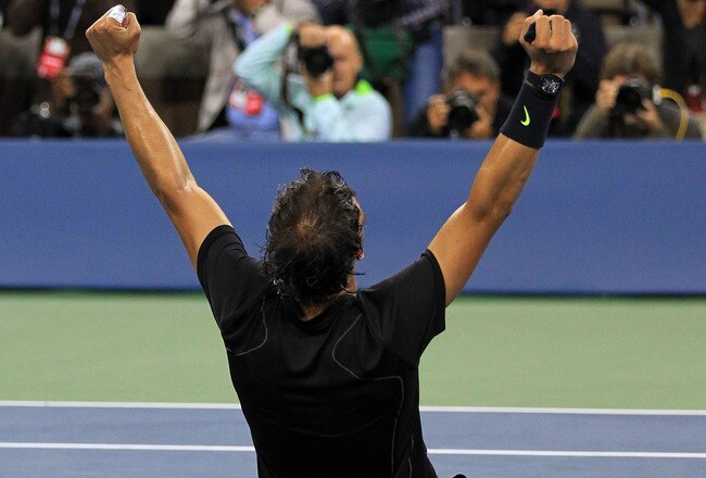 NEW YORK - SEPTEMBER 13:  Rafael Nadal of Spain falls to his knees in celebration of his win over Novak Djokovic of Serbia during their men's singles final on day fifteen of the 2010 U.S. Open at the USTA Billie Jean King National Tennis Center on September 13, 2010 in the Flushing neighborhood of the Queens borough of New York City.  (Photo by Chris McGrath/Getty Images)