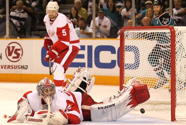 SAN JOSE, CA - MAY 08:  Goalie Jimmy Howard #35 of the Detroit Red Wings misses the game winning goal by Patrick Marleau of the San Jose Sharks in Game Five of the Western Conference Semifinals during the 2010 NHL Stanley Cup Playoffs at HP Pavilion on May 8, 2010 in San Jose, California.  (Photo by Jed Jacobsohn/Getty Images)