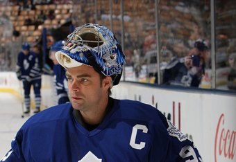 TORONTO - JANUARY 31: Curtis Joseph of the Toronto Maple Leafs warms up before the game against the Pittsburgh Penguins at Air Canada Centre on January 31, 2009 in Toronto, Ontario, Canada. Joseph wore the #93 jersey of Doug Gilmour, whose jersey was raised to the rafters in a ceremony before the game. (Photo by Dave Sandford/Getty Images)