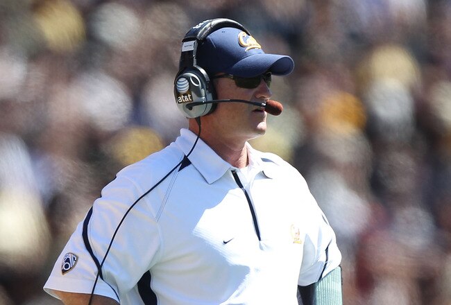 BERKELEY, CA - SEPTEMBER 11: Head coach Jeff Tedford of the California Golden Bears looks on against the Colorado Buffaloes at California Memorial Stadium on September 11, 2010 in Berkeley, California. (Photo by Jed Jacobsohn/Getty Images)