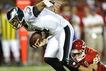 KANSAS CITY, MO - AUGUST 27: Andy Studebaker #96 of the Kansas City Chiefs sacks Kevin Kolb #4 of the Philadelphia Eagles during a preseason game at Arrowhead Stadium on August 27, 2010 in Kansas City, Missouri.  (Photo by G. Newman Lowrance/Getty Images)