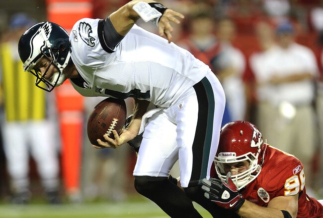 KANSAS CITY, MO - AUGUST 27: Andy Studebaker #96 of the Kansas City Chiefs sacks Kevin Kolb #4 of the Philadelphia Eagles during a preseason game at Arrowhead Stadium on August 27, 2010 in Kansas City, Missouri.  (Photo by G. Newman Lowrance/Getty Images)