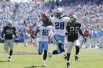 NASHVILLE - SEPTEMBER 12: Chris Johnson #28 of the Tennessee Titans runs into the end zone for a 76-yard touchdown in the first half of the NFL season opener against the Oakland Raiders at LP Field on September 12, 2010 in Nashville, Tennessee. (Photo by Joe Robbins/Getty Images)